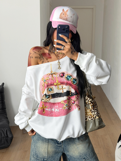 Coolane Women's Fall/Winter Streetwear Going Out Vintage Homecoming Casual Y2K Lips Graphics White Loose Off The Shoulder Long Sleeve Sweatshirt