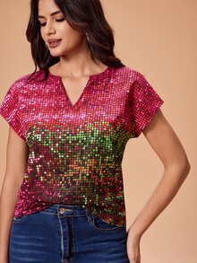 Shutterstock Glamance Women's Gradient Shiny Colorful Sequin Print V-Neck Short Sleeve Blouse, Elegant Mature Casual Sexy For Outings, Work, Office, Daily, Gatherings, Parties, Birthday, Vacation, Middle East Travel, Beach, Swimwear, Bohemian, Halloween, Back To School, Independence Day, Summer - Multicolor - View 4
