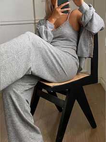 Dazy Plus Plus Size Women Lace Patchwork Camisole, Long Sleeve Cardigan And Pants Casual Daily Home Sleepwear Set Fall - Grey - View 3