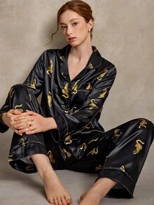 EverLounge Animal Print Faux Silk Open Front Lapel Long Sleeve Long Pants Women's Pajama Set - Black - View 1