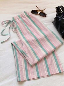SHEIN EZwear 女款休閒綁帶腰直筒長褲，適合夏季 - 彩色 - 查看 5