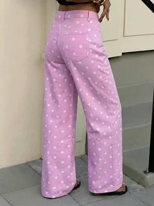 SHEIN Tall 女款圓點印花寬腿牛仔褲 - 粉色 - 查看 5