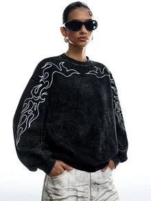 LYSMO 女款火焰刺繡圓領長袖寬鬆休閒運動衫 - 黑色 - 查看 4