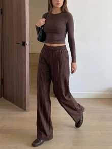 Strévra Women's Striped Casual Versatile Daily Wear Long Pants Fall - Burgundy - View 3