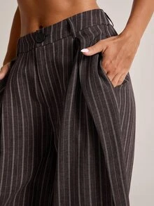 SHEIN BAE Fashionable Commuter Striped Curved Leg Suit Pants - Brown - View 5