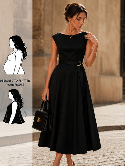 Velvienne Vestido Longo Elegante Casual Vintage Versátil Preto Cor Sólida com Cinto e Fivela de Metal para Mulheres Plus Size Adequado para Primavera e Outono