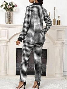 SHEIN Lady Women's Houndstooth Long Sleeve Jacket And Pants Casual Commute Suit Set - Black and White - View 2