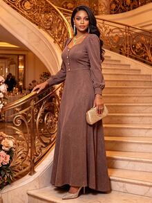 Fleurora Plus Size Women Solid Color Elegant Waist-Cinched Party Dress Fall - Gold - View 3