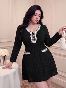 Vibekara Autumn/Winter New French Elegant Lady Style Luxury V-Neck Heavy Embroidery Patchwork Lace Slim Fit Long Sleeve Dress For Women Fall - Black - View 1
