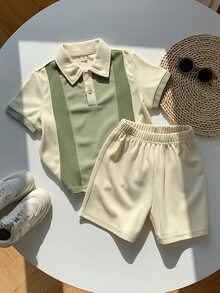 SHEIN Teen Boy Colorblock Short Sleeve Polo Shirt And Shorts Casual Daily Outfit - Apricot - View 5