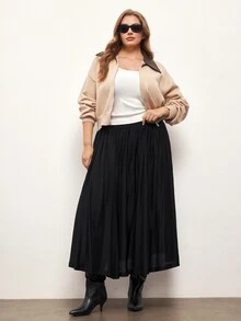 Maija Plus Size Fashion Versatile Solid Color Pleated Skirt - Black - View 7