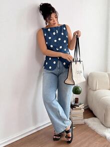 Lounesse Kemeja Wanita Ukuran Besar Motif Polkadot Kasual Serbaguna untuk Aktivitas Sehari-hari - Navy Blue - View 6