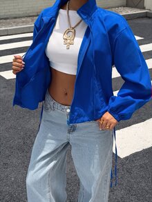 Muchica 皇家藍編織女款休閒夾克，適合日常外出與夜生活，秋季運動休閒風，寬鬆低腰設計 - 寶藍色 - 查看 8