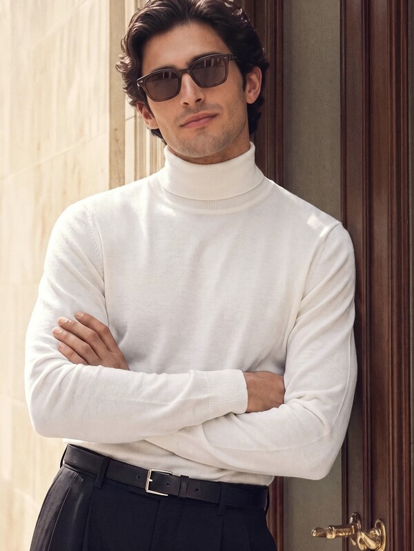 Suiteron Men's Pure White High Neck Wool Knit Sweater, Slim Fit Soft Solid Color Base Layer, Business Casual Commute Inner Wear Long Sleeve Pullover, Autumn/Winter