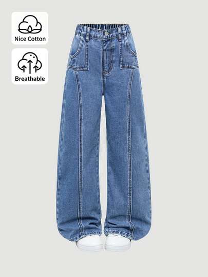 SHEIN Genkimix Kids Girls' Y2K Style Denim Jeans, Vintage Blue Distressed Denim, Patchwork Split Design, Wide Leg Fit, Fashionable Versatile, Suitable For All Seasons