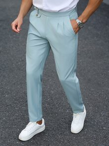 Manfinity Bizformal 男士綠色不對稱腰線修身防皺商務休閒西裝長褲 - 綠色 - 查看 3