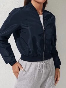 SHEIN PETITE Chaqueta Bomber con Cremallera unicolor para Otoño/Invierno - Azul Marino - Ver 3