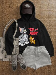 TOM & JERRY X SHEIN SHEIN EZwear 女款卡通圖案休閒日常運動衫 - 黑色 - 查看 5
