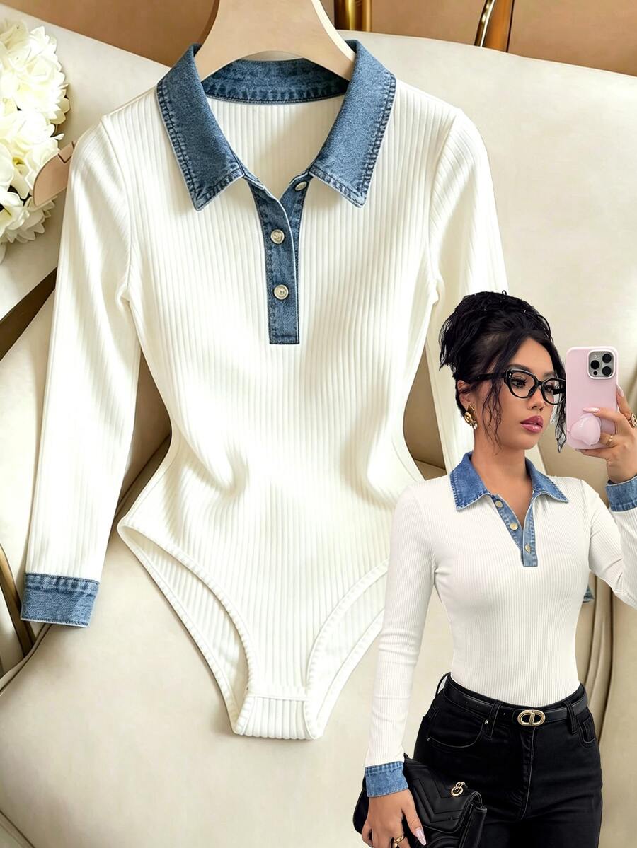 GlowEve Women's Colorblock Casual Versatile Daily Long Sleeve Bodysuit - White - View 1