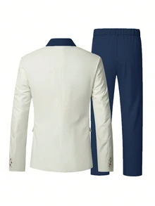 Manfinity Bizformal 男士綠色與白色春夏婚禮氛圍西裝套裝 - 藏蓝色 - 查看 2