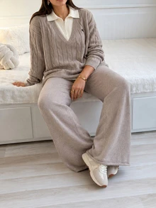 Feyla Plus Size Women's Knight Graphic 2 In 1 Patchwork Long Sleeve Top And Pants Knit Set - Khaki - View 4