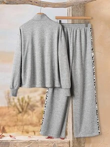 Rusticease Women's Leopard Print Patchwork Jacket & Pants 2 Pieces Set - Grey - View 2