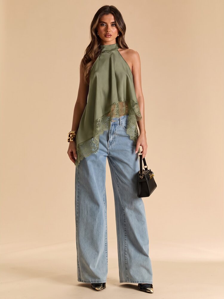SHEIN BAE Spring/Summer Women's Clothing, Women's Spring/Summer Styles, Solid Black Sexy Minimalist Elegant Halter Neck Backless Lace Trim Patchwork Women's Tank Top, High-End Satin Faux Silk Women's Tank Top, Party Gathering Cocktail Top, Formal Occasion Gathering Top, Black Lace Satin Patchwork Women's Sexy Top, Cocktail Party, Business Casual Women's Clothing, Going Out Top - Army Green - View 2
