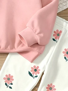 Tween女孩休閒可愛復古花卉印花圓領長袖運動衫與緊身褲2件套，適合秋冬穿著 - 白色 - 查看 7