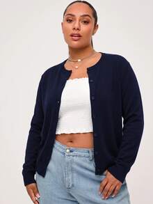 SHEIN BASICS Casual Solid Color Long Sleeve Cardigan Sweater, Plus Size In Fall Winter Clothes - Navy Blue - View 5