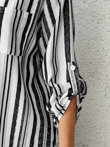 EMERY ROSE Plus Size Casual Striped Shirt, Autumn Fall - Black and White - View 7