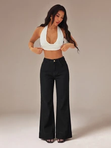 SHEIN PETITE 女款時尚鈕扣口袋喇叭牛仔褲 - 黑色 - 查看 7