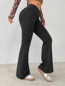 SHEIN PETITE 簡約純色包腰高腰喇叭褲 - 深灰色 - 查看 4