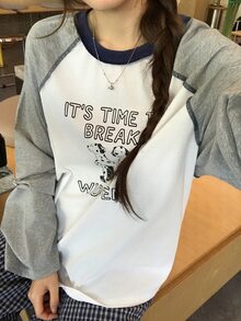 DAZY Women's Round Neck Long Sleeve Color Block Korean Style Girly Aesthetic T-Shirt Oversized Tshirts For Women Fall - Grey - View 9