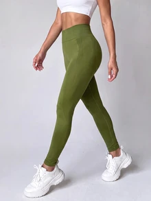 SHEIN Dewbera Women's Solid Color High Waist Casual Versatile Daily Wear Leggings - Green - View 3