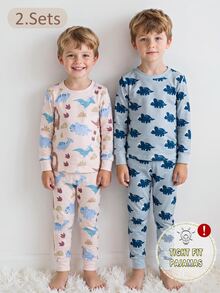 2件隨機款男童幼兒趣味多色卡通印花圓領長袖上衣與長褲套裝，柔軟針織舒適休閒修身秋冬睡衣 - 彩色 - 查看 3