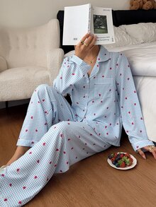 Napfluff Fresh Blue & White Plaid Heart Print Collared Pajama Set, 2 Pieces - Blue - View 5