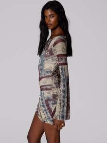 MUSERA Graphic Printed Off Shoulder Ruched Mini Dress Summer Autumn Fall Winter  Going Out Festival Cool Girl Low Frequency - Multicolor - View 3