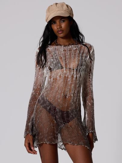 MUSERA Grey Open Knit Ombre Long Sleeve Mini Dress Summer Autumn Fall Winter  Going Out Festival Cool Girl Low Frequency