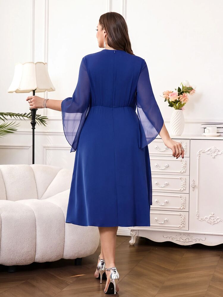 Reflora Plus Size Women's V-Neck Rhinestone Decor Casual Party Dress - Royal Blue - View 9