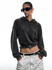 LYSMO Sweatshirt Crop Berkerudung Kasual Wanita dengan Sabuk dan Bahan Washed - Grey - View 1