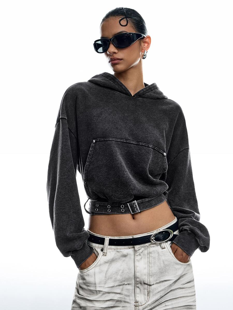 LYSMO Sweatshirt Crop Berkerudung Kasual Wanita dengan Sabuk dan Bahan Washed - Grey - View 1