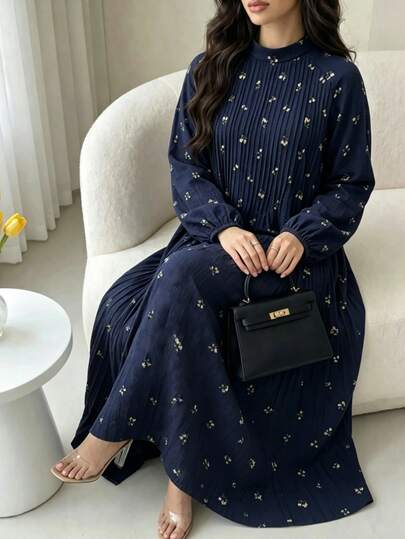 Al Najma Plus Size Women's Autumn/Winter Arabic Long Sleeve Loose Front Pleated Textured Fabric Ditsy Floral Loose Full Skirt Elegant Banquet Holiday Stand Collar Fashion Maxi Dress