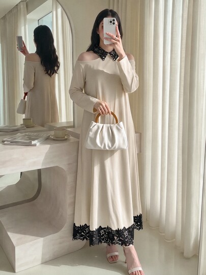 Yasmyna 女款露肩蕾絲下擺翻領阿拉伯風洋裝