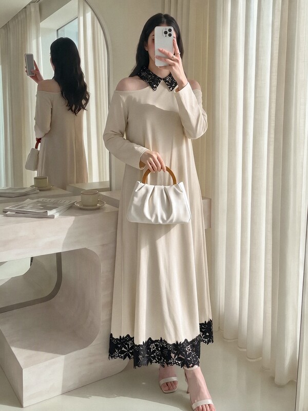 Yasmyna 女款露肩蕾絲下擺翻領阿拉伯風洋裝