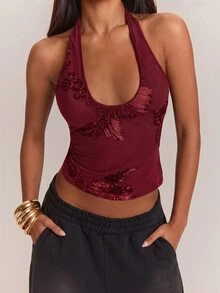 SHEIN BAE Women's Jacquard Slim Fit Versatile Daily Wear Halter Neck Top - Burgundy - View 6