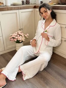 Snug Reverie Fresh Pure White Pleated Texture 2 Pieces Pajama Set, Ruffle Cuff Detail, Comfortable Loose Slouchy Loungewear - Beige - View 8