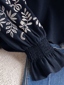 CosyJoli 大尺碼女款花卉刺繡圖案休閒日常穿著襯衫 - 藏蓝色 - 查看 4