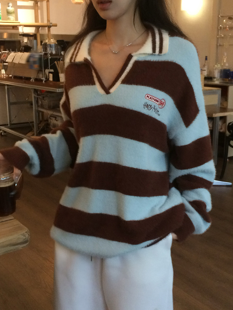DAZY Women's Korean Style Striped Colorblock Embroidered Long Sleeve Sweater Fall - Blue - View 5