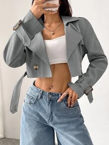 SHEIN EZwear 女款缺口領前開鈕扣長袖短款風衣，適合秋冬日常休閒穿著 - 淺灰色 - 查看 3