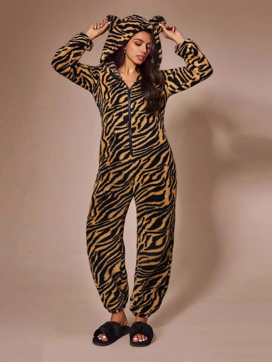 Lazeform American Retro Animal Print Plush Oversized Slimming Long Sleeve Jumpsuit Loungewear - Multicolor - View 1